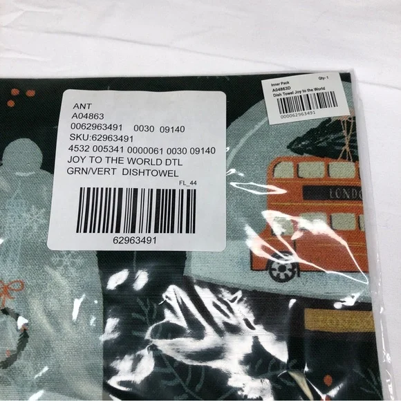 Anthropologie Christmas Holiday Green Dish Towel Joy World Snow Globe New in Pkg - Picture 4 of 9